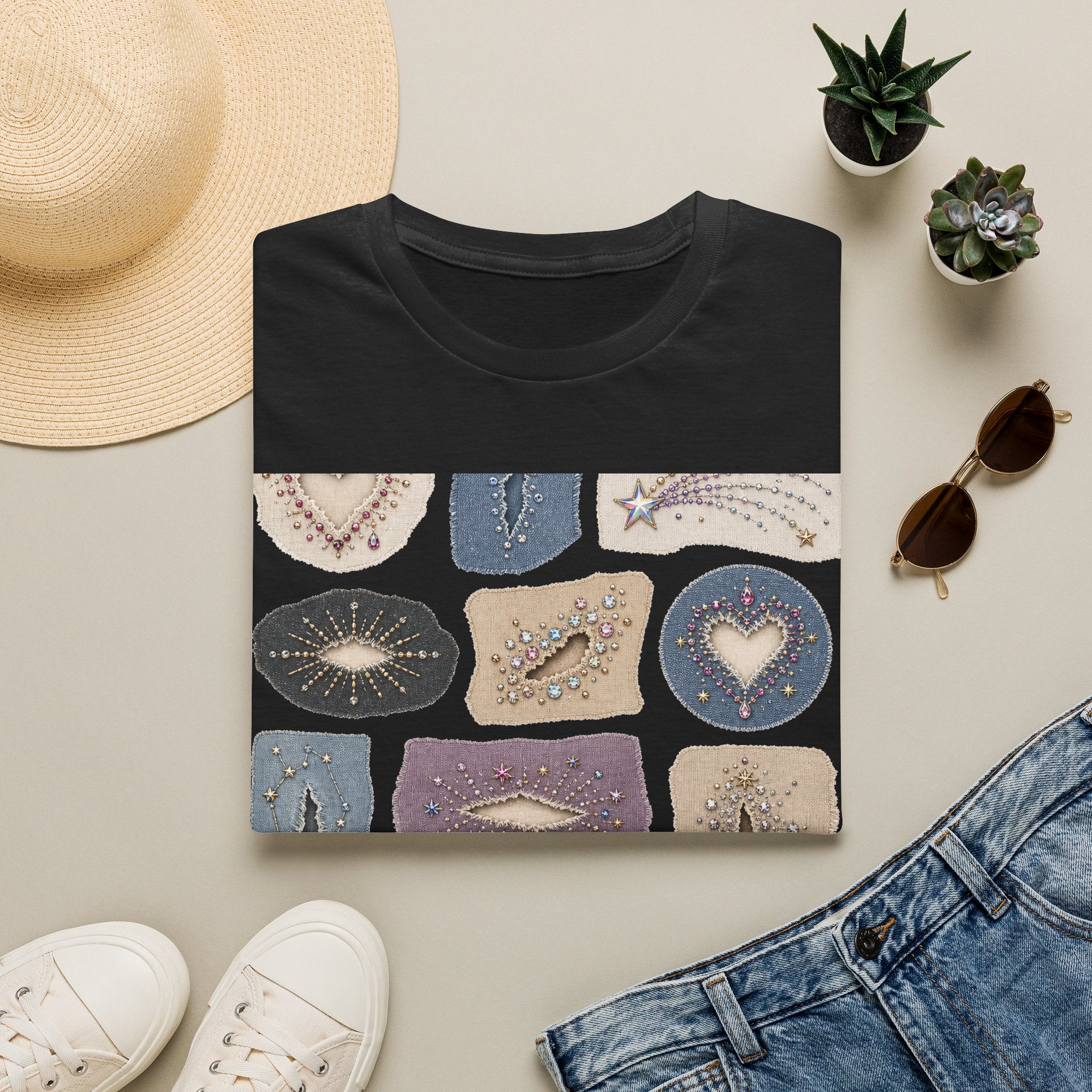 Rhinestone Repair Constellation Visible Mending Graphic T-Shirt