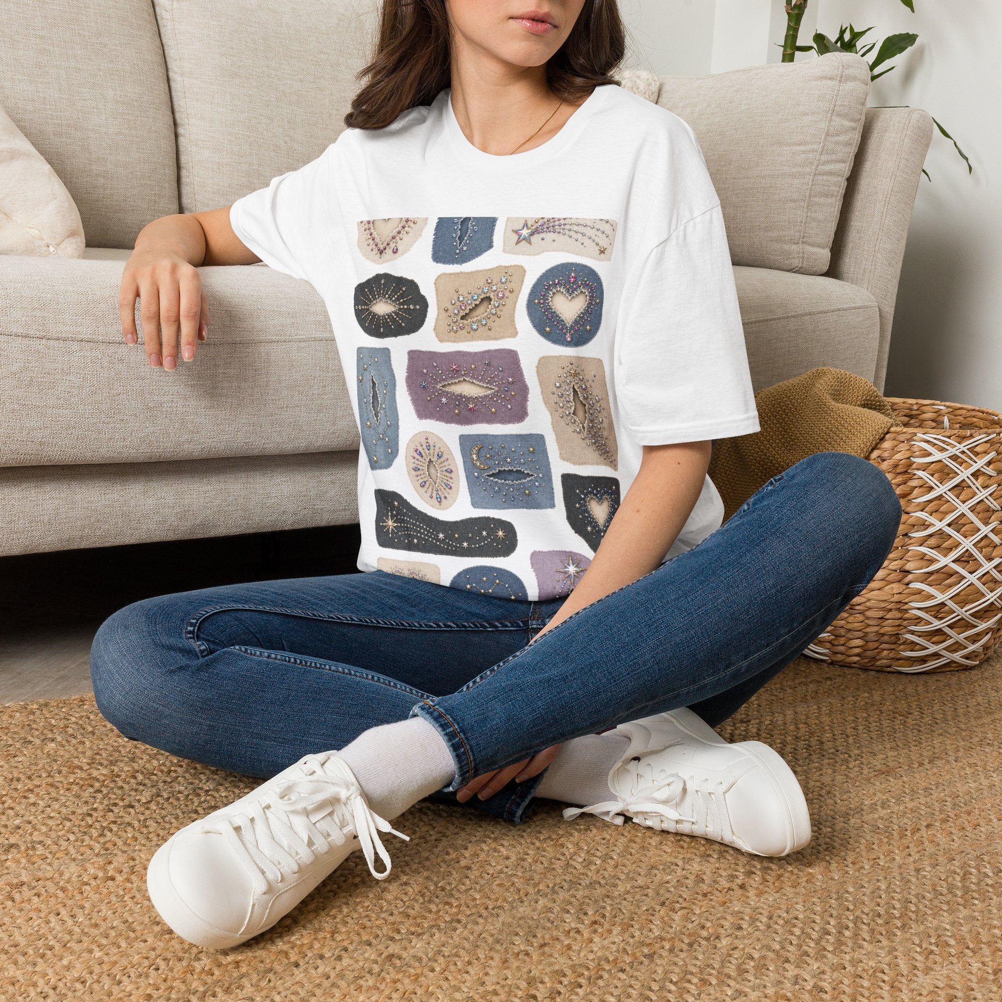 Rhinestone Repair Constellation Visible Mending Graphic T-Shirt